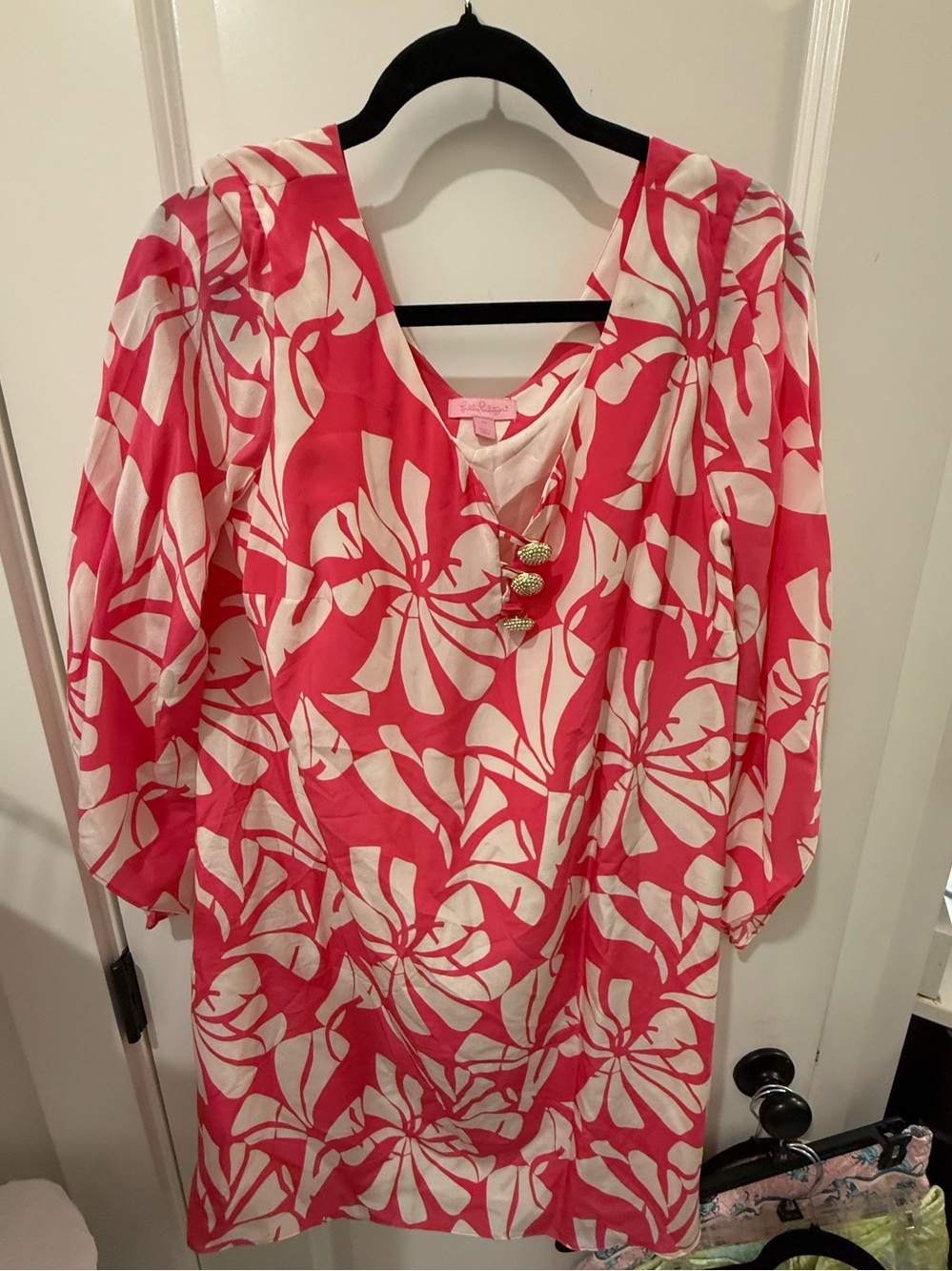 Lilly Pulitzer Pink and Cream Floral V-Neck Tunic with Gold Buttons